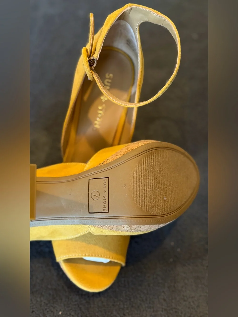 Sun + Stone Yellow Suede Cork Platform Heels - Picture 6 of 6